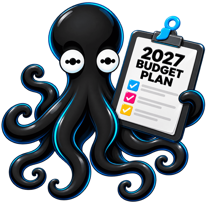 Inky holding a 2027 budget plan clipboard